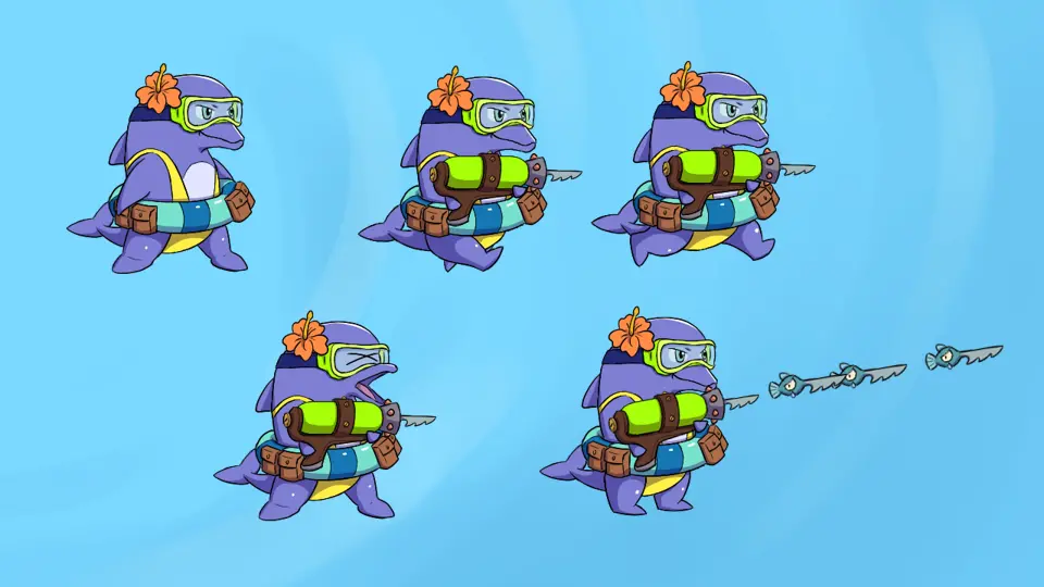 Assets du jeu Fish And Shift : différentes frames du personnage principal.