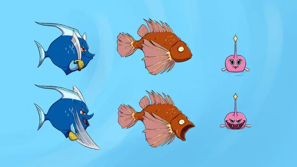 Assets du jeu Fish And Shift : différentes frames des 3 ennemis du jeu.