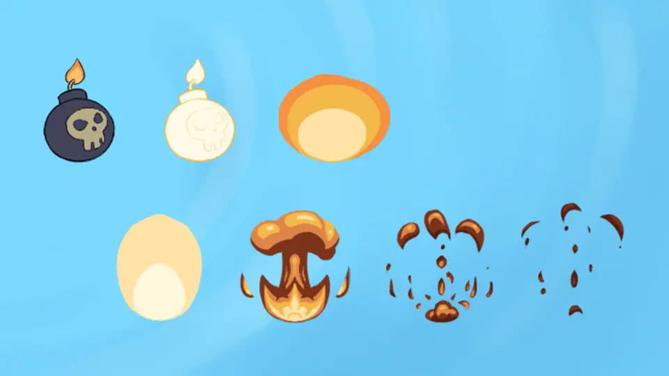 Assets du jeu Fish And Shift : différentes frames de l'animation des bombes.