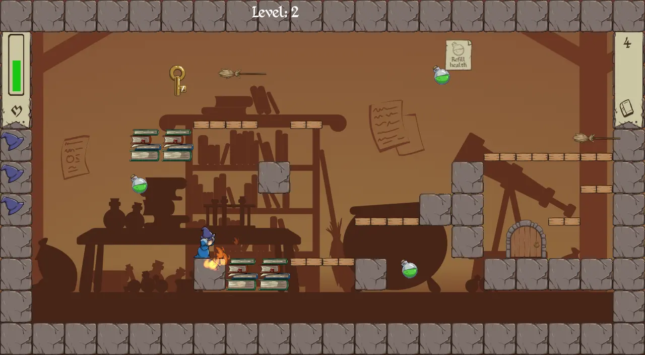 Capture d'écran du jeu Misspell montrant notre personnage, des collectibles et 2 balais volants à esquiver.