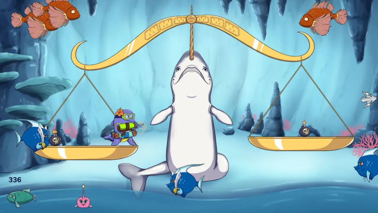 Ecran du jeu Fish And Shift montrant notre personnage, les 3 types d'ennemis, des bombes et la grande balance posée sur la corne du narval et qui fait office de terrain du jeu.