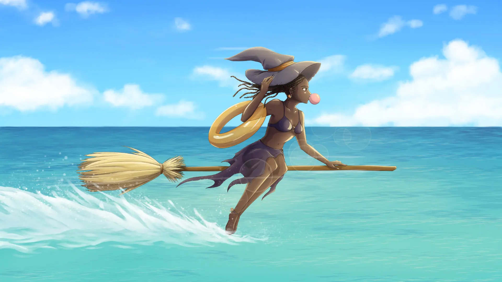 In Between Summer And Autumn : illustration d'une sorcière en maillot de bain survolant la mer sur son balai.