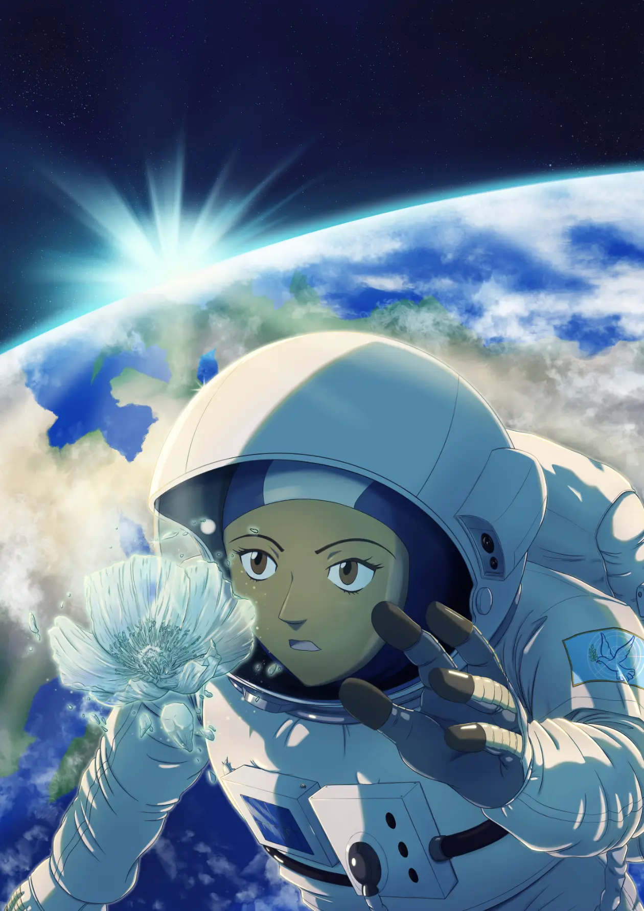 Coexist : une astronaute dans l'espace découvre une mystérieuse fleur de verre en apesanteur. La Terre est visible en arrière plan.