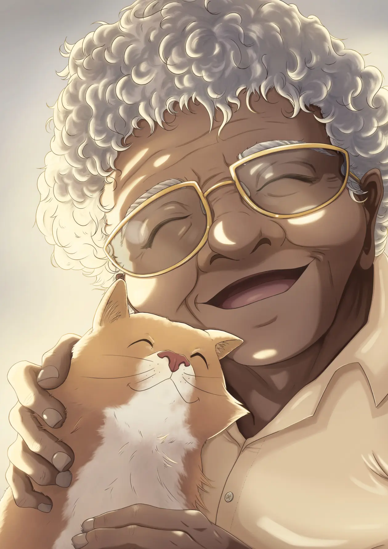 Complicity : illustration d'une dame âgée souriante, tenant son chat dans les bras.