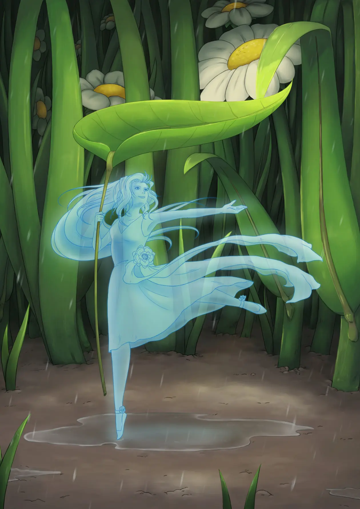 Fairy In The Rain : illustration d'une minuscule fée bleue dansant parmi les plantes et sous la pluie.