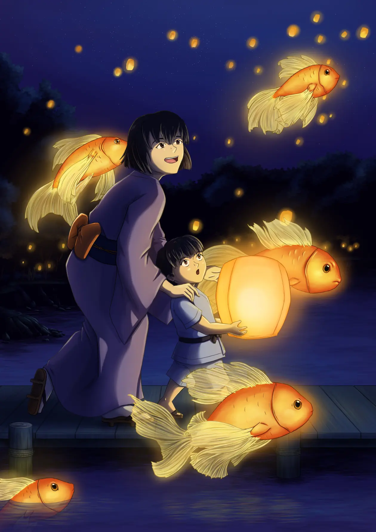 Lanterns : illustration d'une mère et son fils dans un festival de lanternes se déroulant dans un lac peuplé de poissons enchantés.