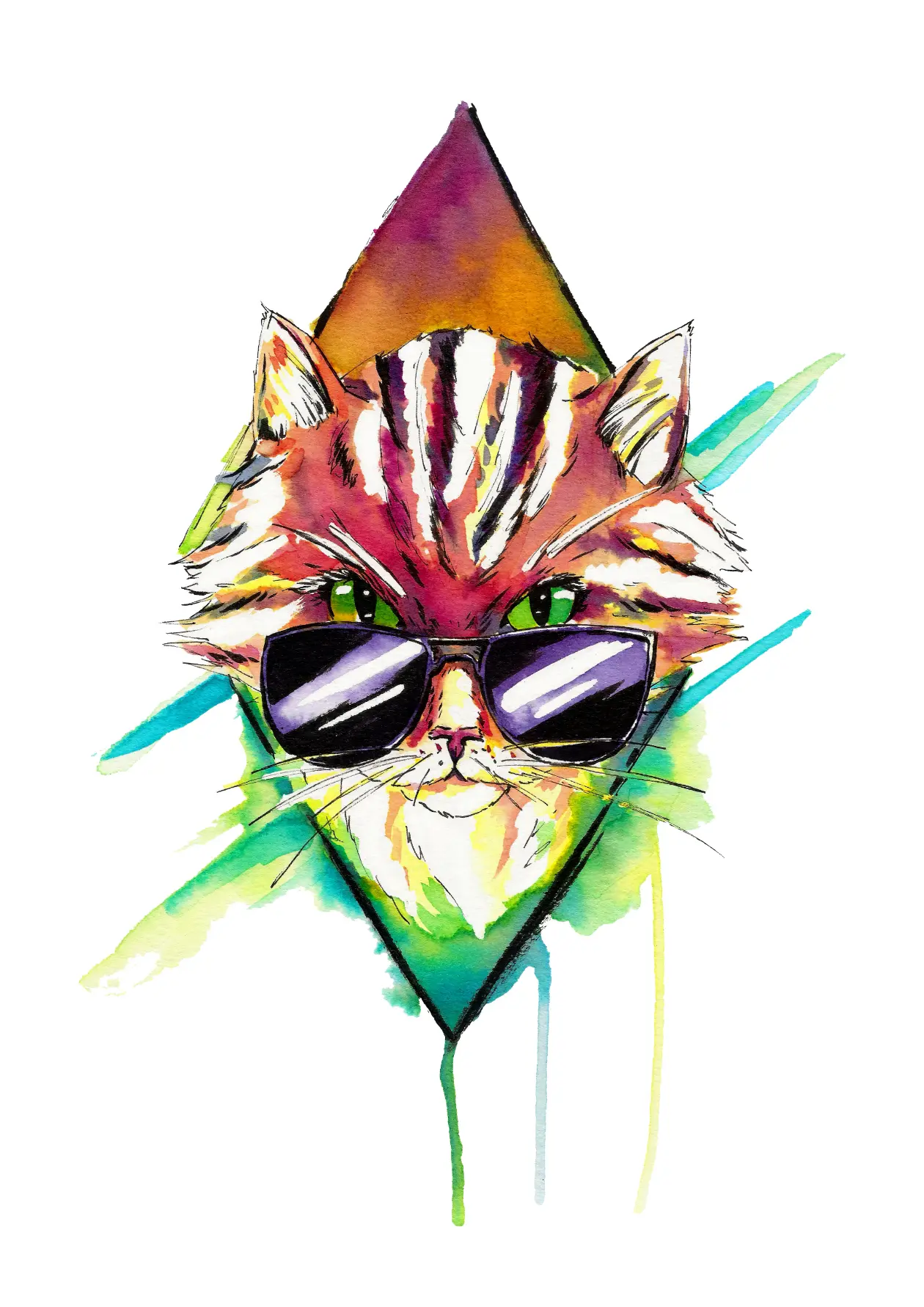 Illustration d'une tête de chat portant des lunettes de soleil, sur un losange en dégradé partant d'un violet en haut vers du vert en bas.