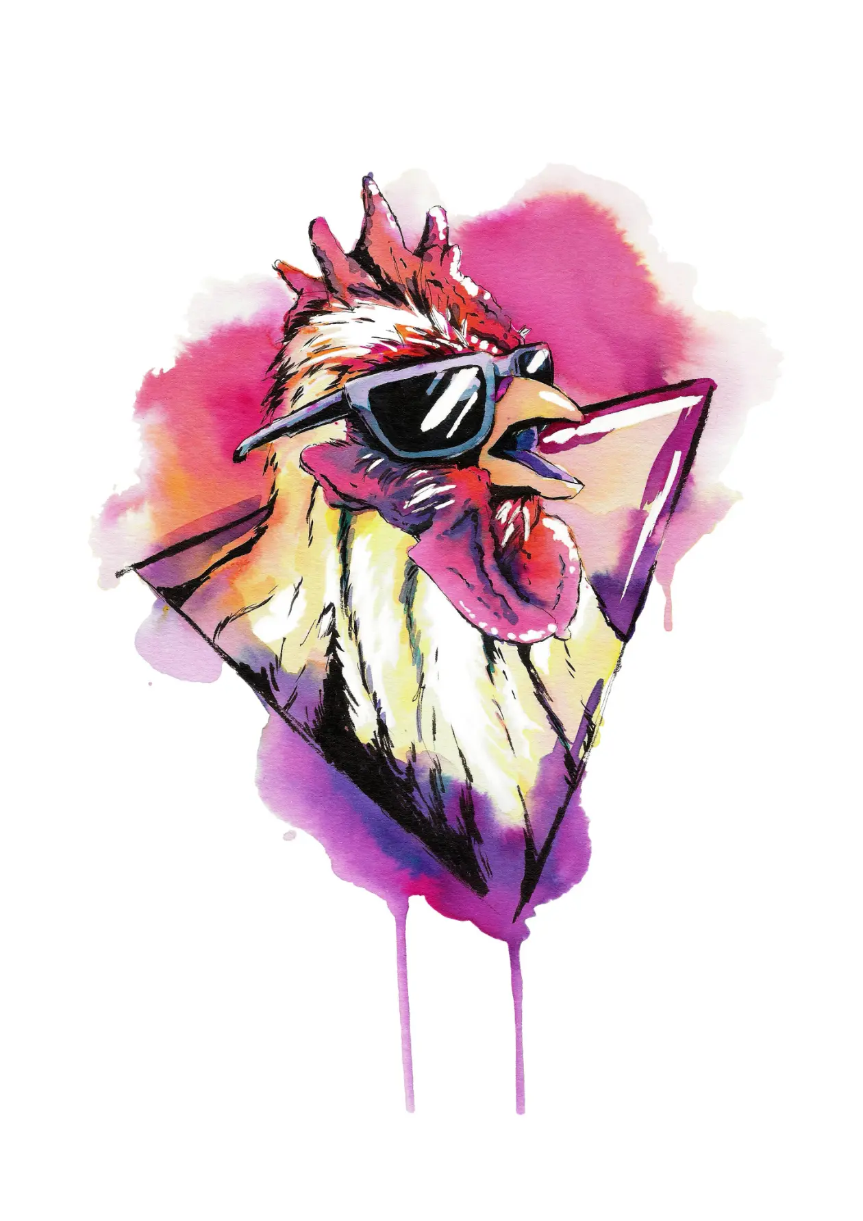 Illustration d'un poulet portant des lunettes de soleil, sur un triangle où dépassent des tâches d'encre de couleurs rose et violet.