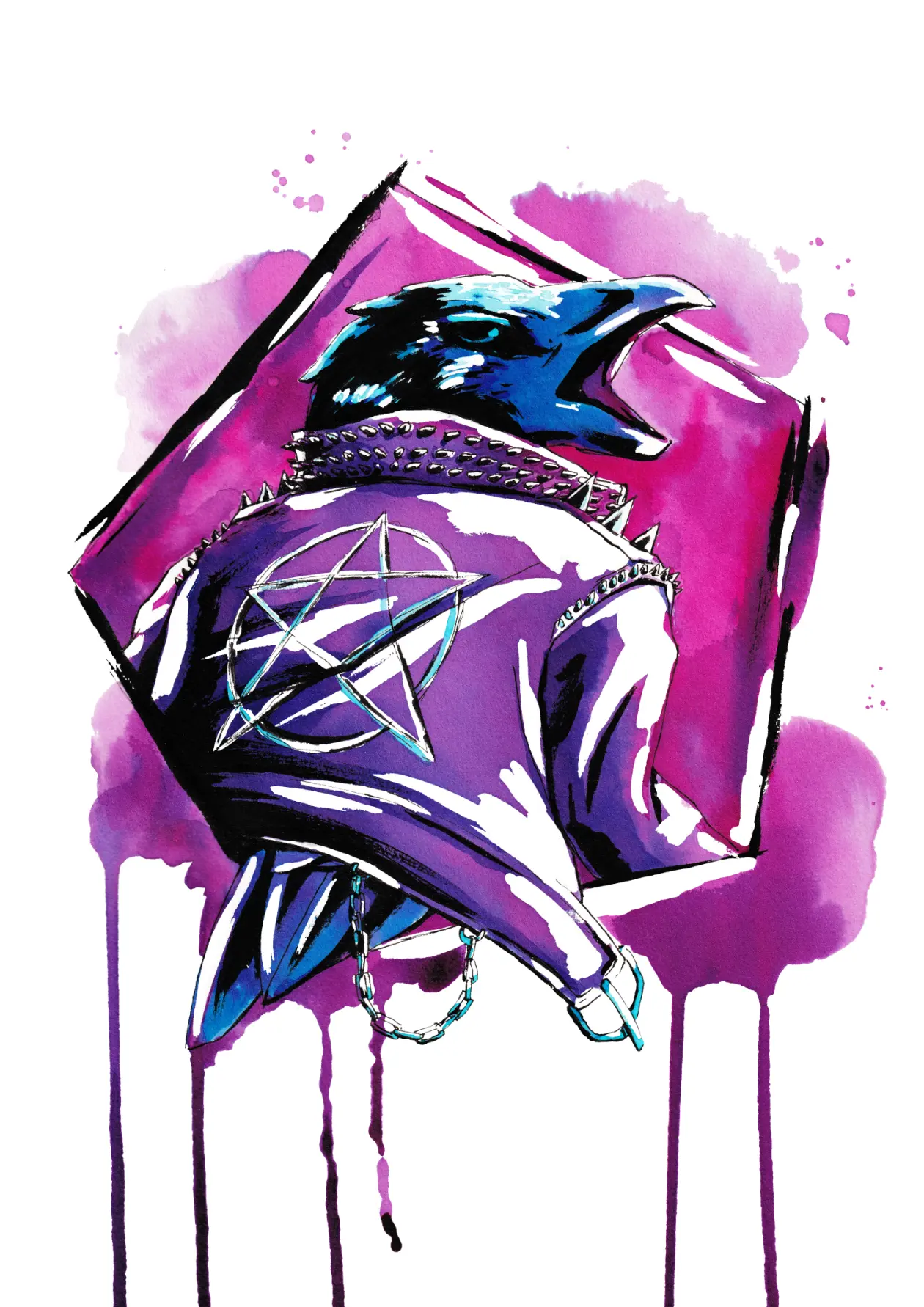 Illustration d'un corbeau portant une veste en cuir violette avec un pentacle, sur une forme de pentagone de couleur fushia.