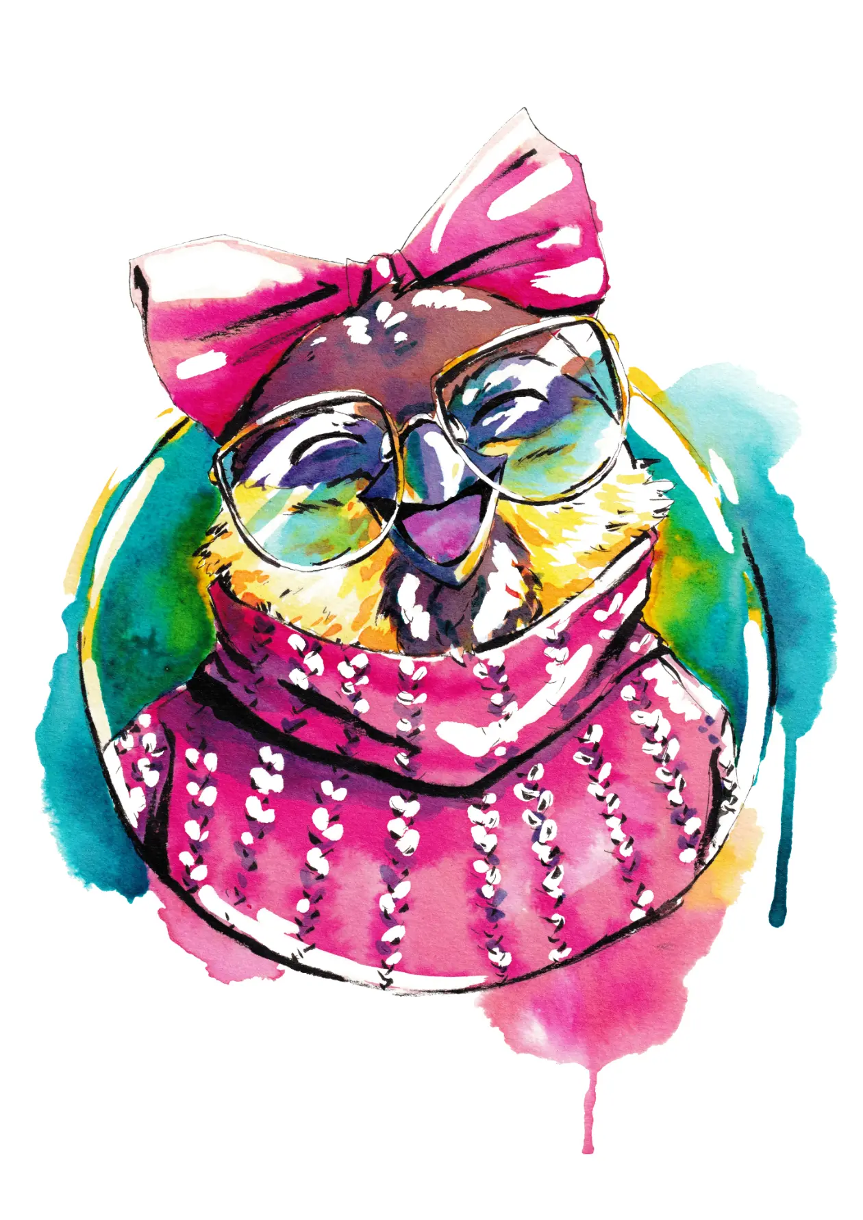 Illustration d'un moineau souriant, portant des lunettes, un noeud rose et un pull rose, sur un rond de couleur bleu.