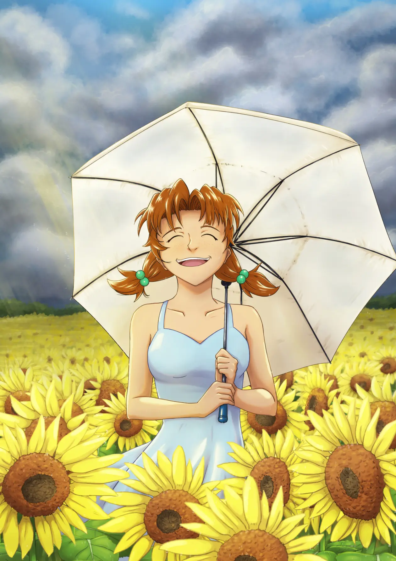 Sunflowers : illustration d'une jeune femme dans un champ de tournesols après une averse.