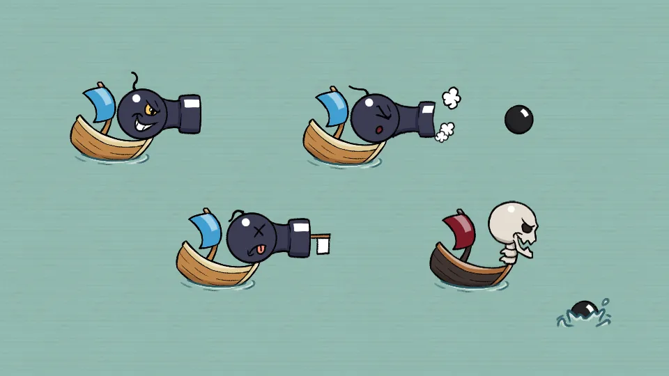 Assets du jeu Pirate Kings : différents états du personnage principal et un ennemi.