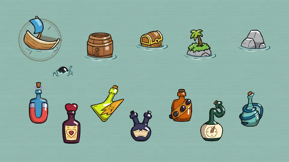 Assets du jeu Pirate Kings : différents obstacles et collectibles.